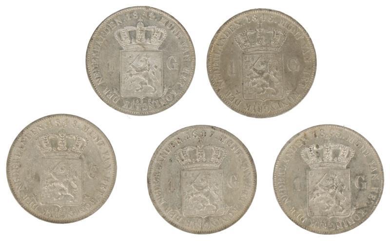 Lot: (5x) Guldens 1845, 1847, 1848, 1854 en 1863. Kwaliteit varieerd tussen Zeer Fraai & Prachtig / FDC.