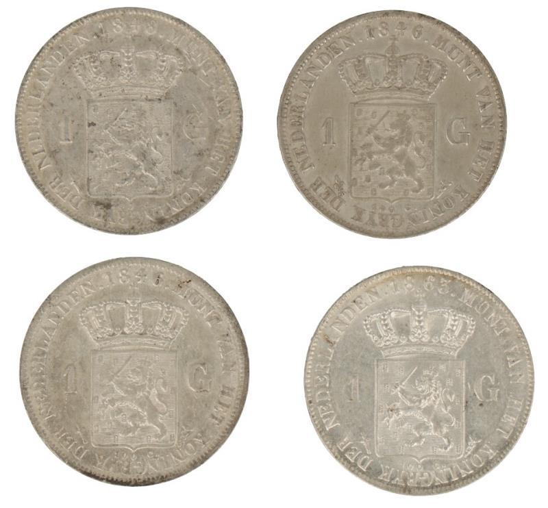Lot: (4x) Guldens 1846 lelie, 1846 zwaard, 1848 en 1863. Kwaliteit varieerd tussen Zeer Fraai & Prachtig / FDC.