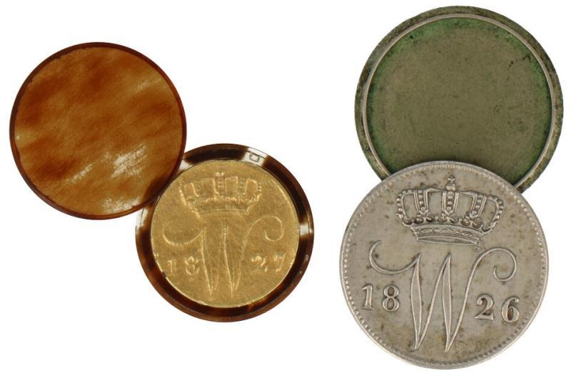 25 Cent Willem I 1826 U. Muntdoosje met schildpad omhulsel & speelmuntje. Prachtig.