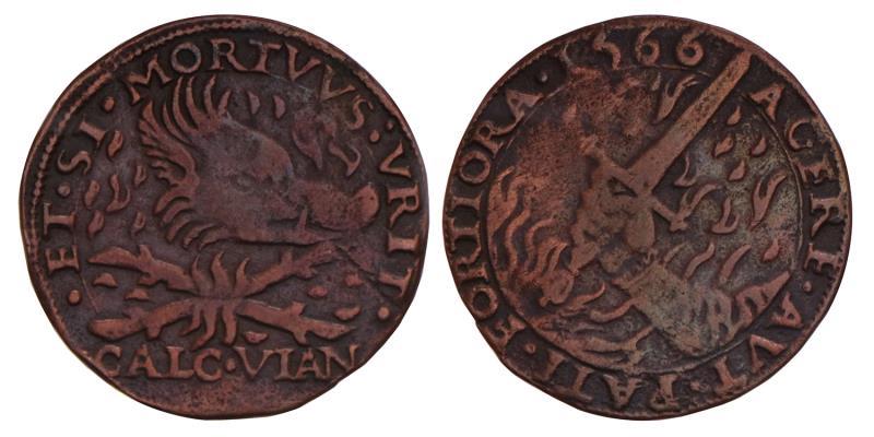 Nederland. 1566. Rekenpenning aanklacht tegen de inquisitie.