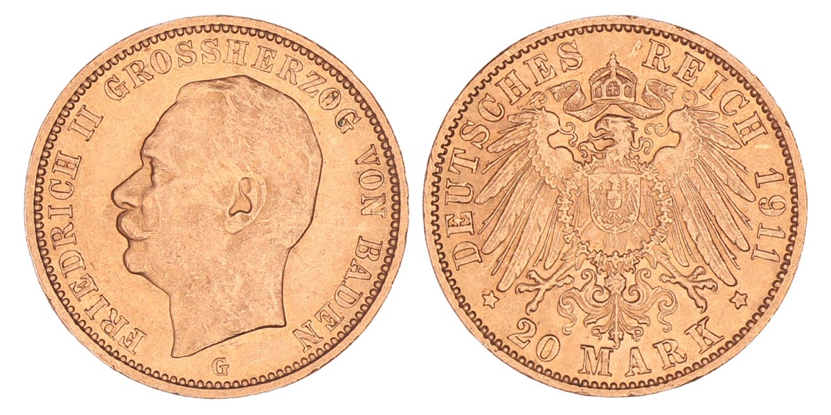 German states. Baden. Friedrich II. 20 Mark. 1911 G.
