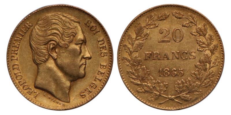 Belgium. Leopold I. 20 Francs. 1865.