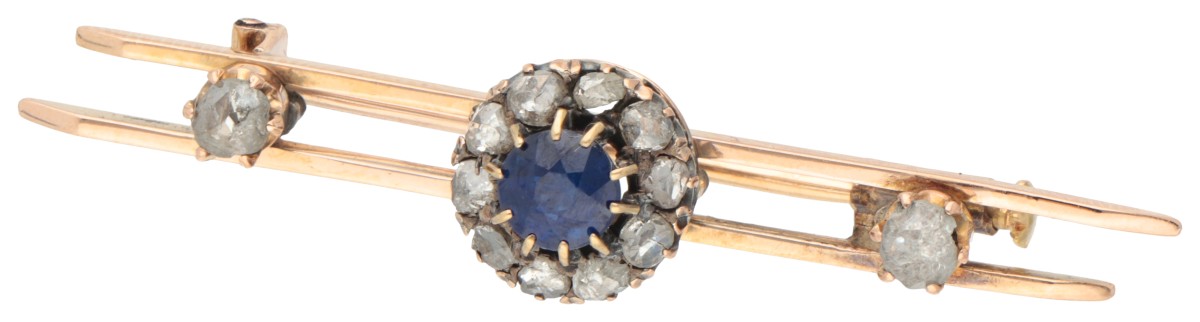 14K Geelgouden antieke staafbroche met blauwe steen en diamant.