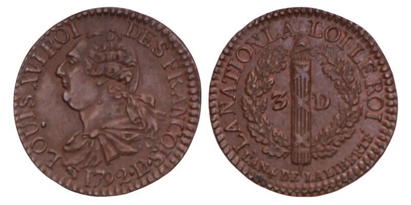 France. Louis XVI. 3 Deniers. 1792 D.