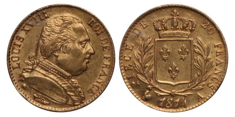 France. Louis XVIII. 20 Francs. 1814 A.