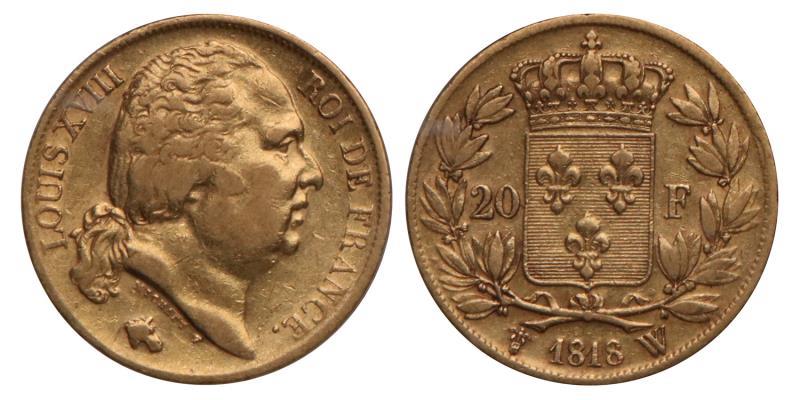 France. Louis XVIII. 20 Francs. 1818 W.