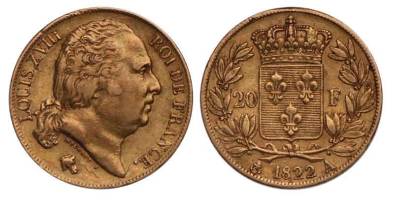France. Louis XVIII. 20 Francs. 1822 A.
