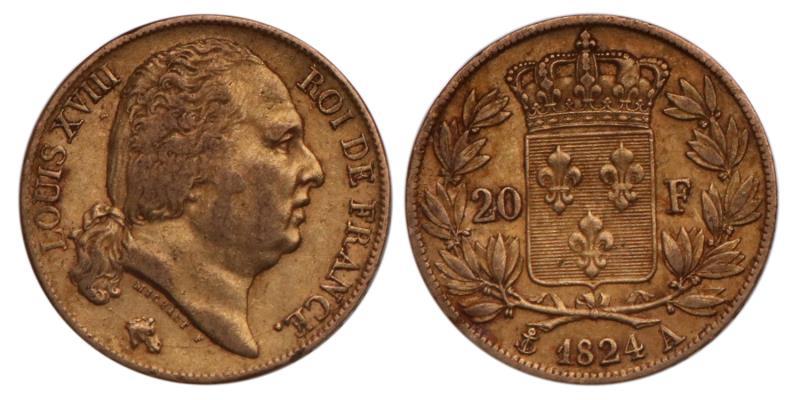 France. Louis XVIII. 20 Francs. 1824 A.
