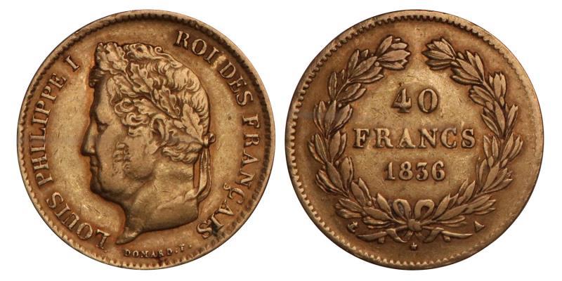France. Louis Phillippe. 40 Francs. 1836 A.