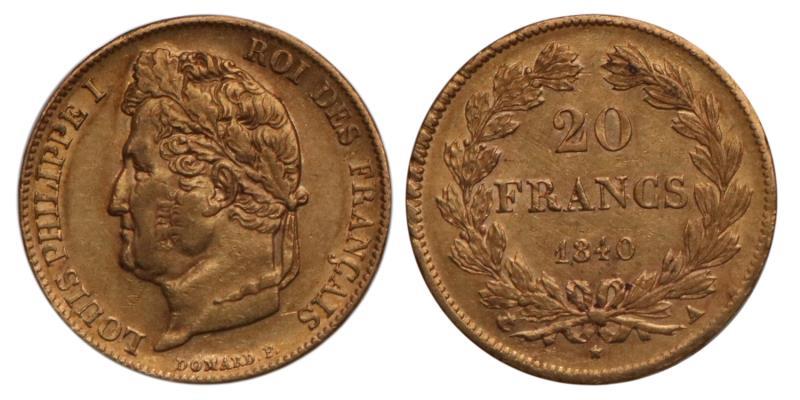 France. Louis Phillippe. 20 Francs. 1840 A.