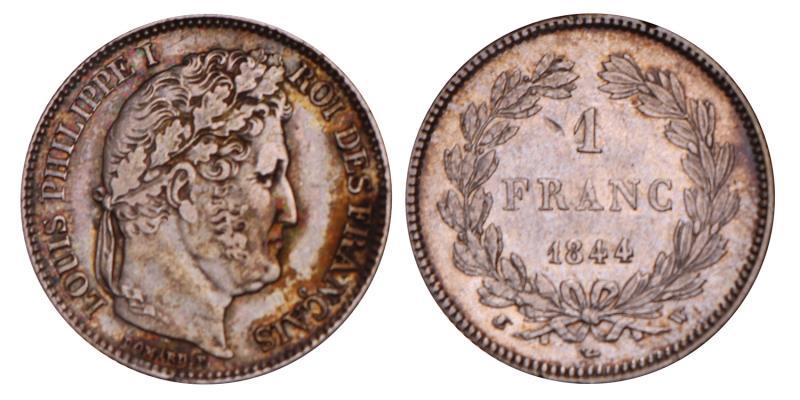 France. Louis Phillippe. 1 Francs. 1844 W.