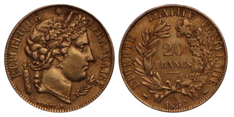 France. Republic. 20 Francs. 1850 A.