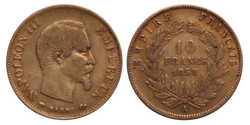 France. Napoleon III. 10 Francs. 1858 A.