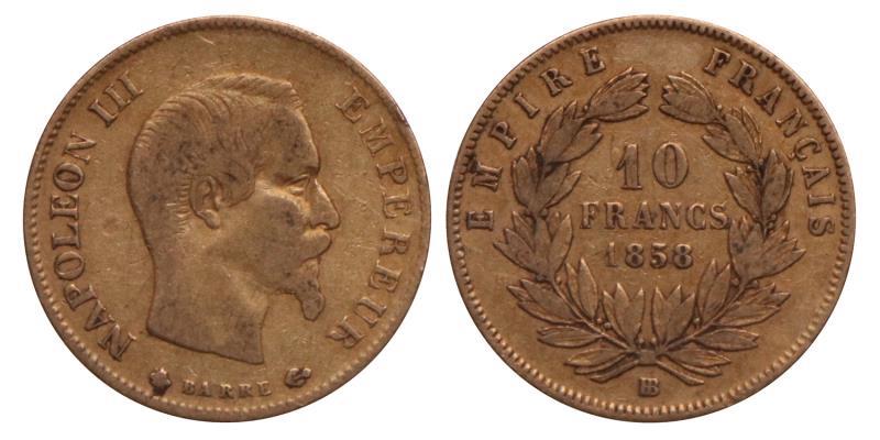 France. Napoleon III. 10 Francs. 1858 BB.