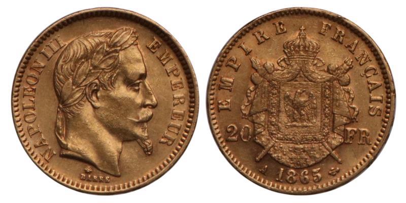 France. Napoleon III. 20 Francs. 1865 A.