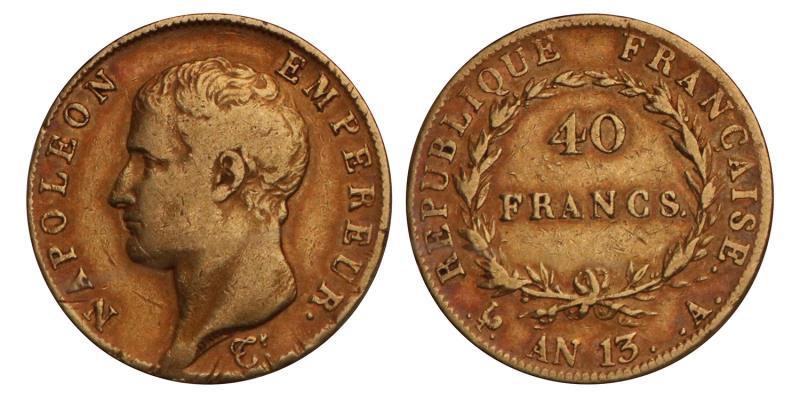 France. Napoleon. 40 Francs. AN 13 A.