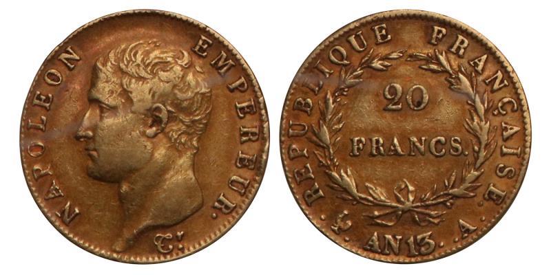 France. Napoleon. 20 Francs. AN 13 A.