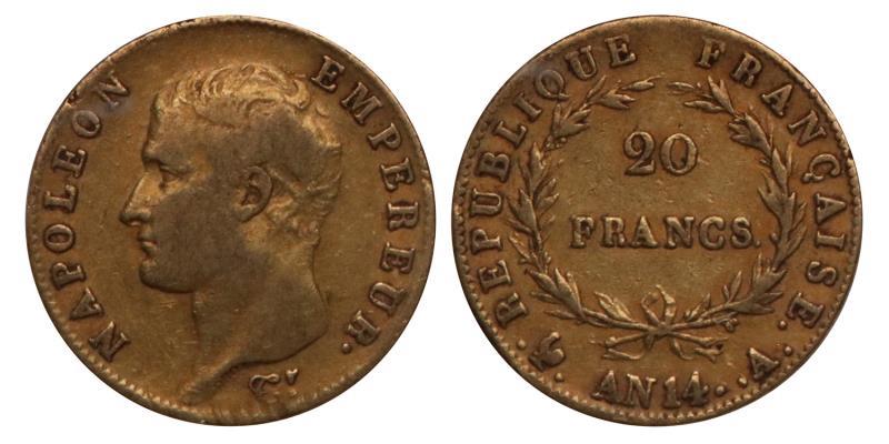 France. Napoleon. 20 Francs. AN 14 A.