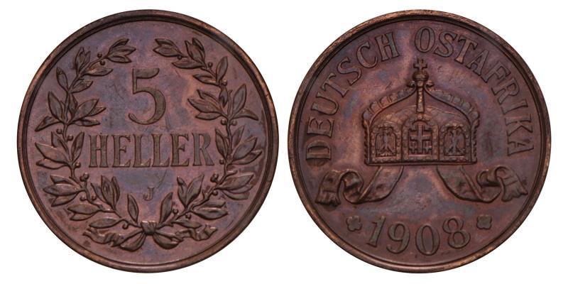 German East Africa. 5 Heller. 1908 J.