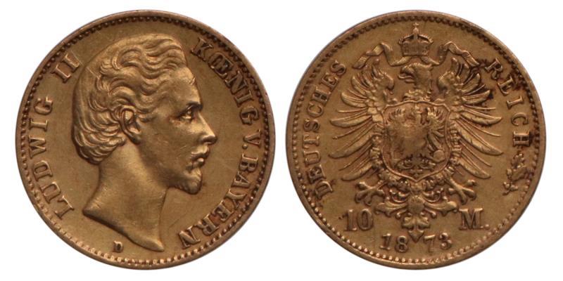 Germany. Bavaria. Ludwig II. 10 Mark. 1873 D.