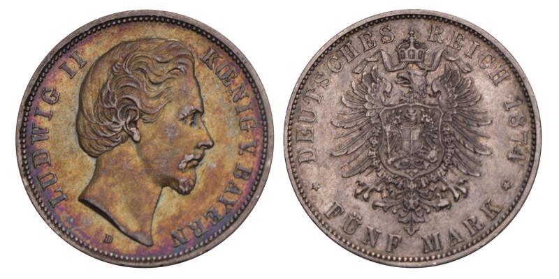 Germany. Bavaria. Ludwig II. 5 Mark. 1874 D.