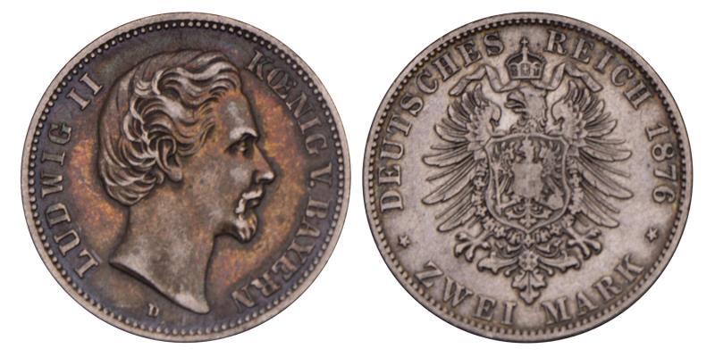 Germany. Bavaria. Ludwig II. 2 Mark. 1876 D.