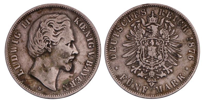 Germany. Bavaria. Ludwig II. 5 Mark. 1876 D.