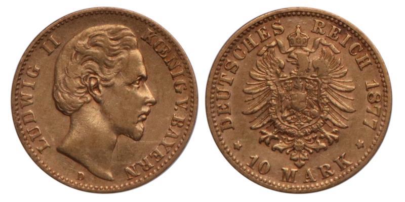 Germany. Bavaria. Ludwig II. 10 Mark. 1877 D.