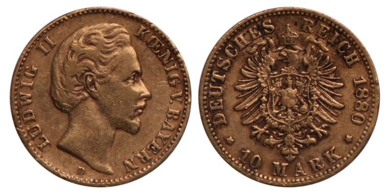 Germany. Bavaria. Ludwig II. 10 Mark. 1880 D.