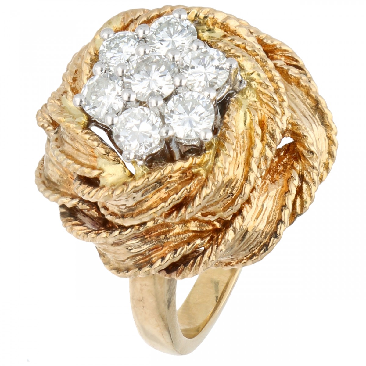 Geelgouden entourage ring, met ca. 0.68 ct. diamant - 18 kt.