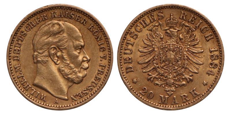 Germany. Prussia. Wilhelm. 20 Mark. 1884 A.