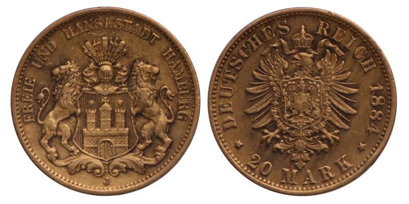 Germany. Hamburg. 20 Mark. 1884 J.