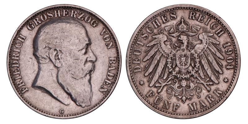 Germany. Baden. Friedrich. 5 Mark. 1904 G.