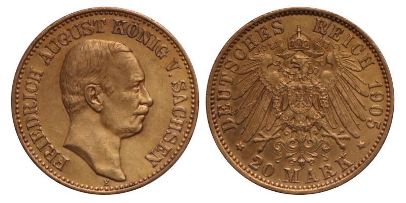 Germany. Saxony. Friedrich August. 20 Mark. 1905 E.