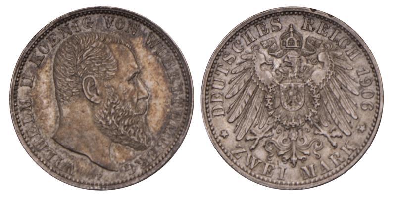 Germany. Wuttenberg. Wilhelm II. 2 Mark. 1906 F.
