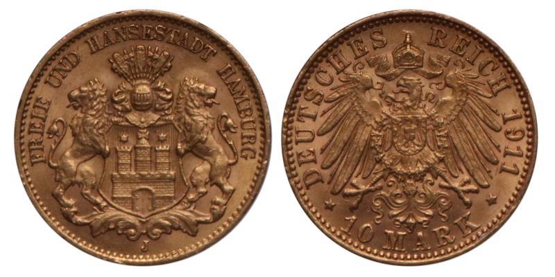 Germany. Hamburg. Ludwig II. 10 Mark. 1911 J.
