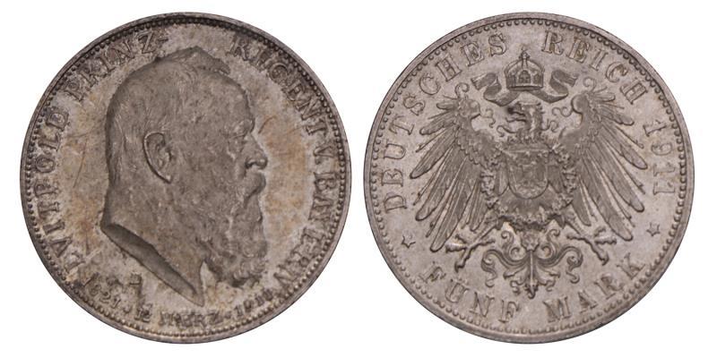 Germany. Bavaria. Luitpold. 5 Mark. 1911 D.