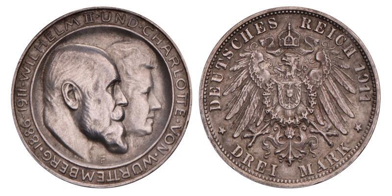 Germany. Wuttenberg. Wilhelm II. 3 Mark. 1911 F.