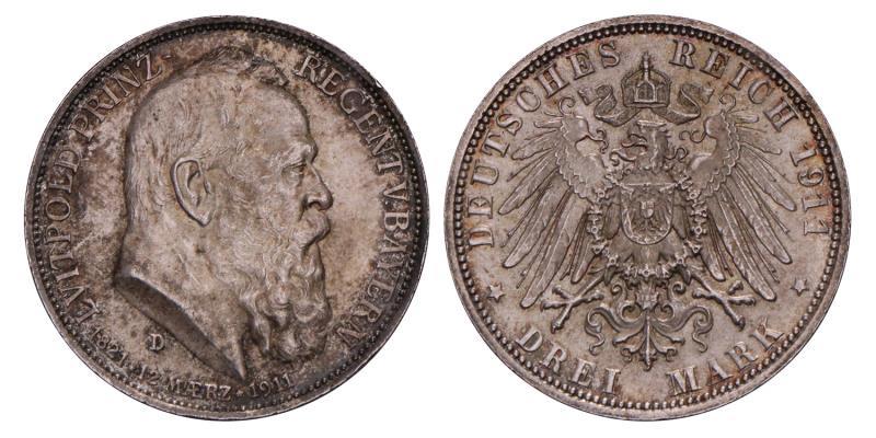 Germany. Bavaria. Luitpold. 3 Mark. 1911.