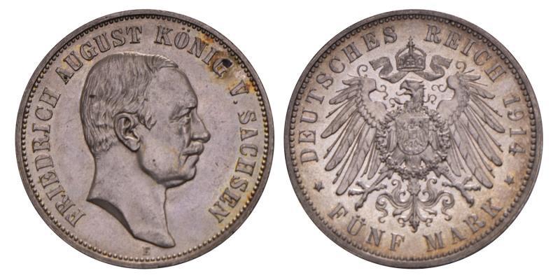 Germany. Saxony. Friedrich August. 5 Mark. 1914 E.
