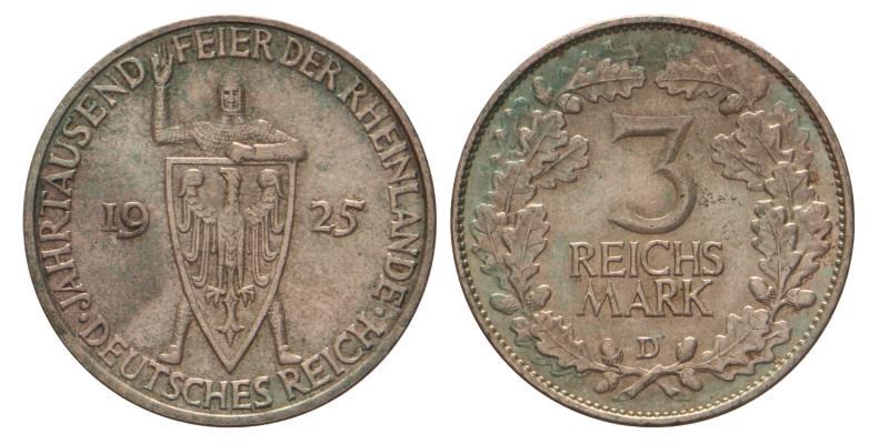 Germany. Weimar Republic-Rheinland. 3 Reichsmark. 1925 D.