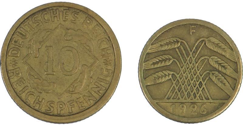 Germany. Weimar Republic. 5 Pfennig 1926 F and 10 Pfennig. 1935 G.