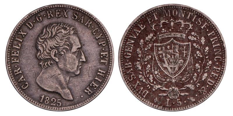 Italy. Sardinia. Carlo Felice. 5 Lire. 1825 L.