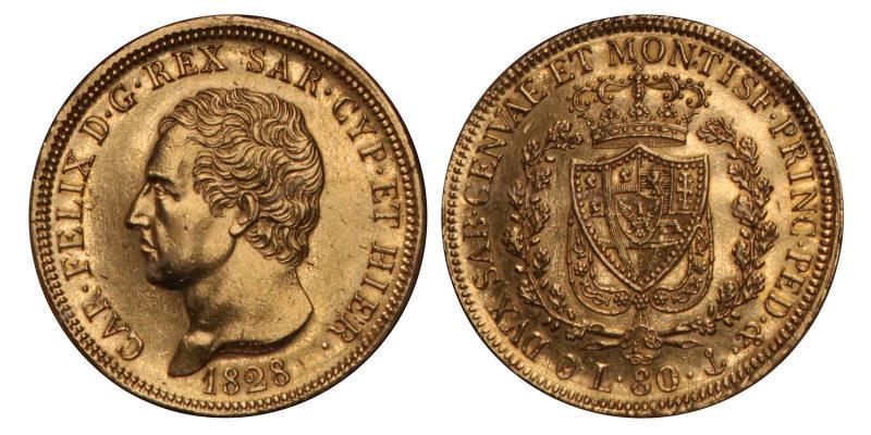 Italy. Sardinia. Carlo Felice. 80 Lire. 1828 P.