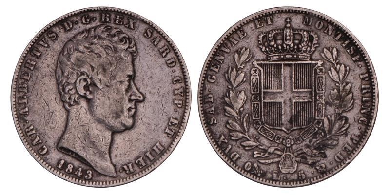 Italy. Sardinia. 5 Lire. 1843 P.