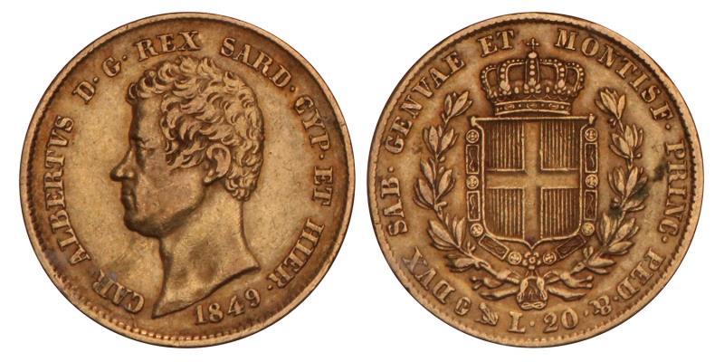Italy. Carlo Alberto. 20 Lire. 1849 P.