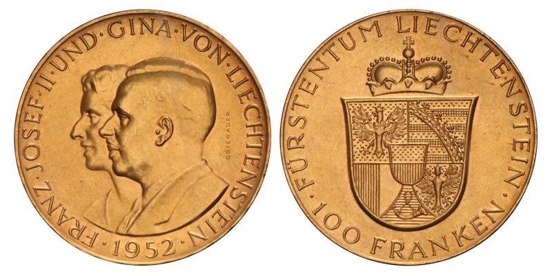 Lichtenstein. Franz Joseph II. 100 Franken. 1952.