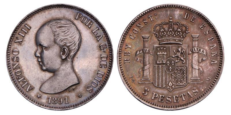 Spain. Alfonso XIII. 5 Pesetas. 1891 (1891).