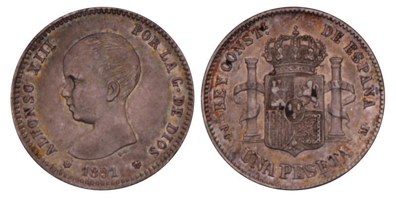 Spain. Alfonso XIII. 1 Peseta. 1891 (91).