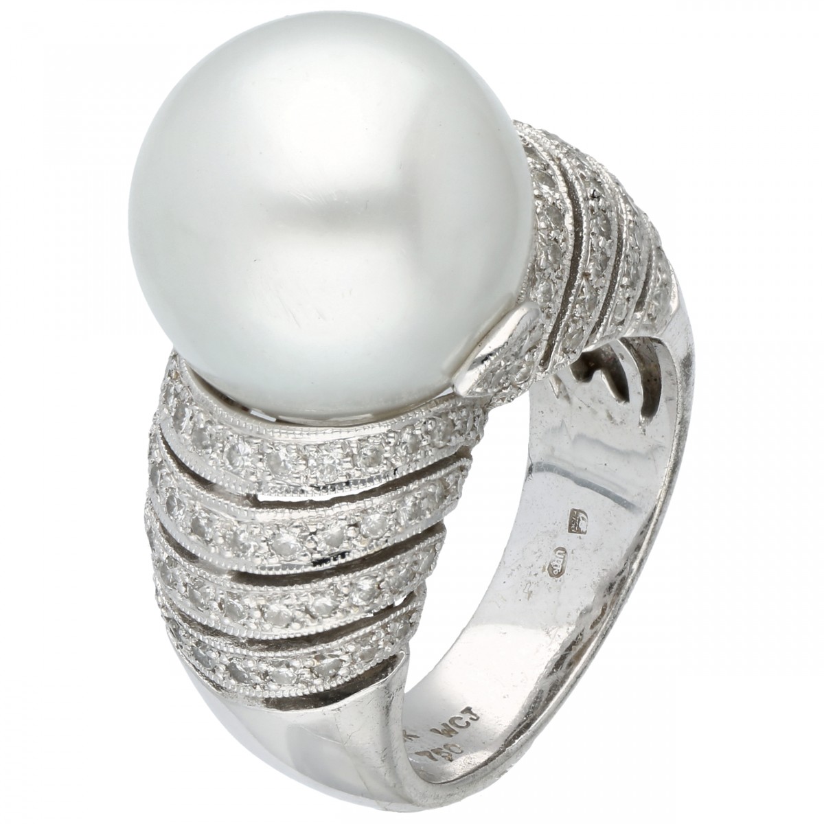 Witgouden WCJ shoulder ring bezet met ca. 1.08 ct. diamant en cultivé zoetwaterparel - 18 kt.